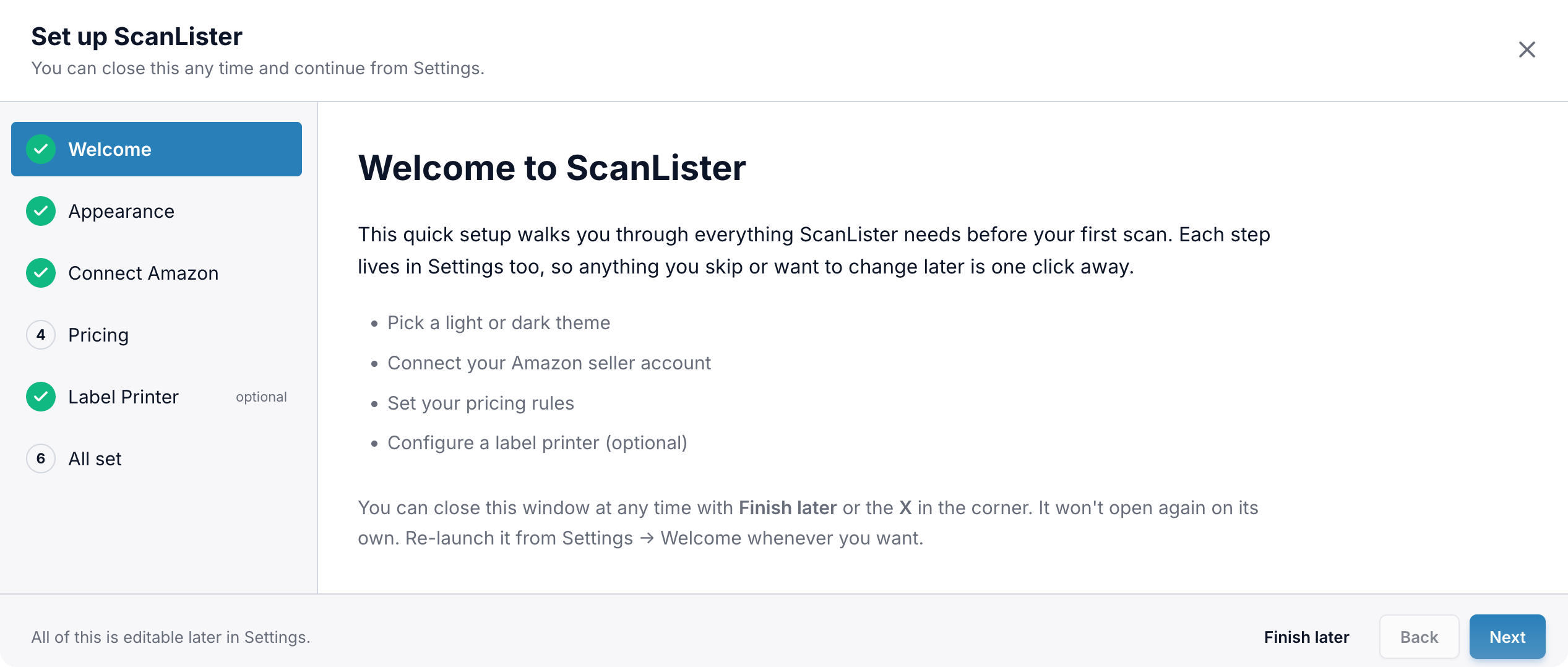 The Set up ScanLister window on the Welcome step, listing the four things the wizard covers